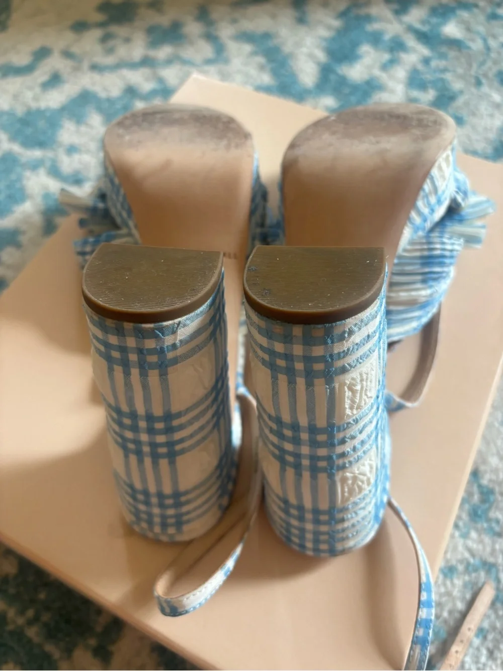 Loeffler Randall Blue & White Plaid Bow Slingback Heels